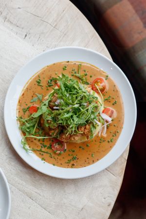 Lion's Mane mushroom bites with creamy sauce, chestnut and rocket at Makars Mash Bar - Edinburgh in Edinburgh