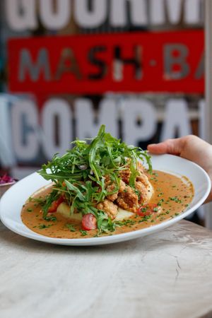 Lion's Mane mushroom bites with creamy sauce, chestnut and rocket at Makars Mash Bar - Edinburgh in Edinburgh