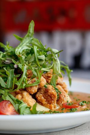 Lion's Mane mushroom bites with creamy sauce, chestnut and rocket at Makars Mash Bar - Edinburgh in Edinburgh