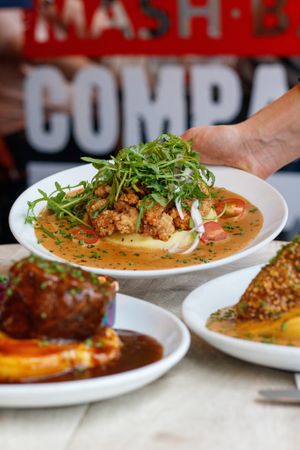 Lion's Mane mushroom bites with creamy sauce, chestnut and rocket at Makars Mash Bar - Edinburgh in Edinburgh