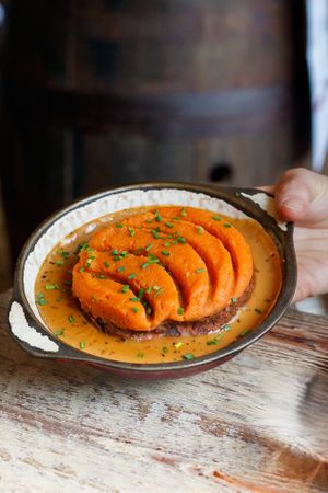 Homemade vegetarian haggis with chestnut and carrot at Makars Mash Bar - Edinburgh in Edinburgh