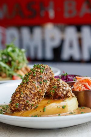 Homemade vegetarian skirlie sausages at Makars Mash Bar - Edinburgh in Edinburgh