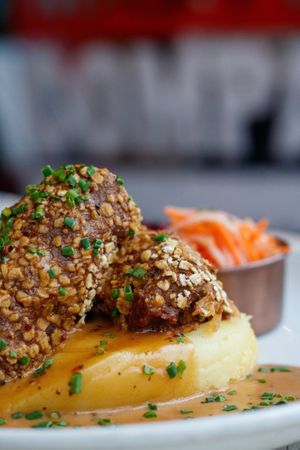 Homemade vegetarian skirlie sausages at Makars Mash Bar - Edinburgh in Edinburgh