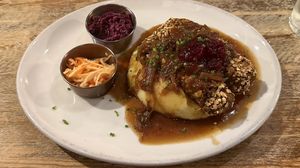 Vegan lentil sausages and mash  at Makars Mash Bar - Edinburgh in Edinburgh