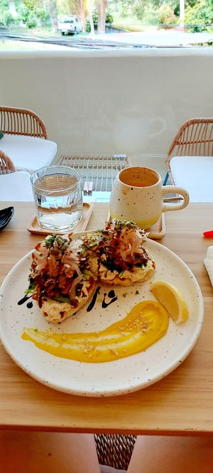 Mushroom croffle and Orange Thai latte with oat milk. at Kia Ora Café in Koh Phangan