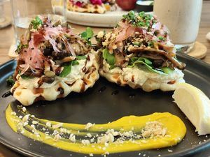 Croffles with Mushrooms and Hummus at Kia Ora Café in Koh Phangan