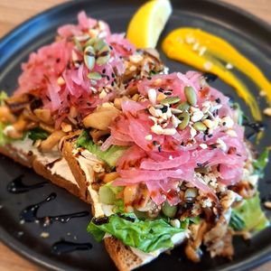 MR.MUSHROOM

German sourdough bread with homemade hummus, caramelized onions and rosemary mushrooms. Topping: fresh rocket, variety of kernels & seeds, roasted hazelnuts, probiotic at Kia Ora Café in Koh Phangan