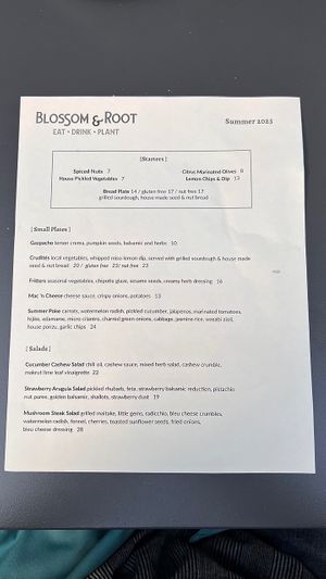 Menu front at Blossom & Root Kitchen in Danville