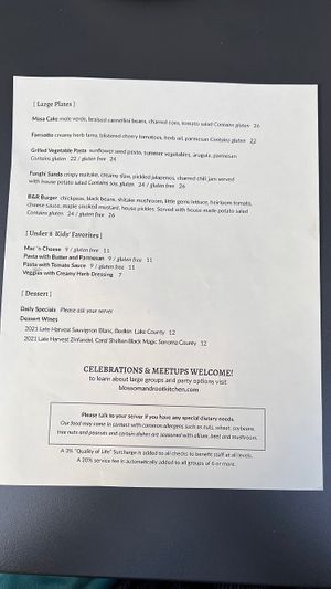 Menu back at Blossom & Root Kitchen in Danville