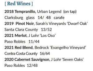 Red wines at Blossom & Root Kitchen in Danville