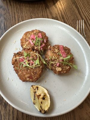 Vegan crab cakes made of mushrooms  at Blossom & Root Kitchen in Danville