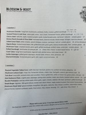 Quite a menu of options   at Blossom & Root Kitchen in Danville
