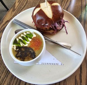 potato & leek soup paired with buffalo mushroom sandwich at Blossom & Root Kitchen in Danville