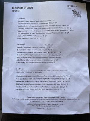 Menu as of 9/14/2024  at Blossom & Root Kitchen in Danville