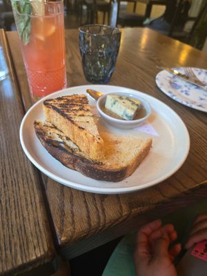 Sourdough bread with vegan honey and bleu cheese at Blossom & Root Kitchen in Danville