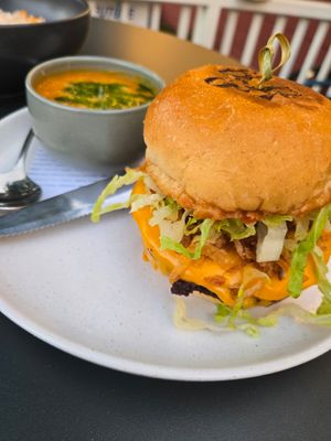 Smash burger with tomato soupq at Blossom & Root Kitchen in Danville