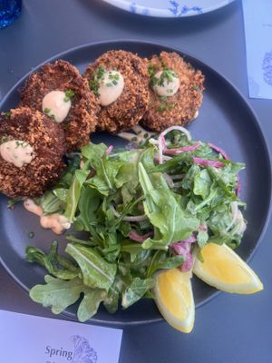Crab cakes  at Blossom & Root Kitchen in Danville
