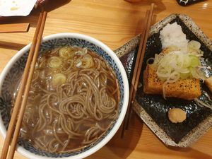 Vegetable soba noodles and grilled tofu at Gensoba Shingari in Tokyo