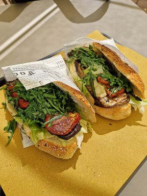 Aubergine, sun dried tomato, rocket and lettuce rolls at Doric Bar (Caffetteria Arcosoli Bluecoop) in Agrigento