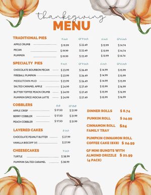 Our Thanksgiving Menu is now LIVE & ready for Pre-Orders! ‼️ ALL ORDERS MUST BE PLACED BY Nov 17th. ‼️
Please fill out the following order form & send to office@blueridgeb at Blue Ridge Baking Company in Middletown