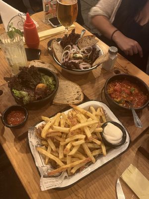 Ceviche de champiñones, falafel and albóndigas   at Cantina Montt in Santiago
