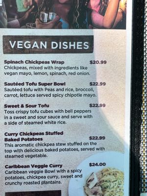 Vegan section of the menu   at Mr. Grouper's Restaurant in Providenciales