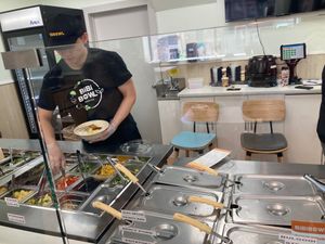 Assembly line counter at BiBiBowl Asian Grill in Ithaca
