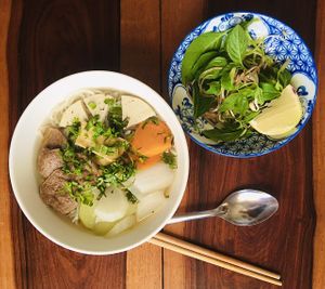 Phở bò chay-Rice Noodle soup with vegetarian beef at Vegan Sattvik in Mui Ne