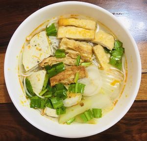 Bún thái Tomyum -Soup Tom Yum ( Thai soup with rice noodles) at Vegan Sattvik in Mui Ne