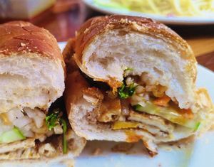 Bánh mì thập cẩm-Baguette with pate, Xa Xiu tofu and vegetarian meat at Vegan Sattvik in Mui Ne