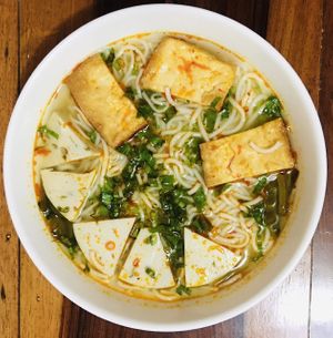 Bún bò Huế -Vegetarian beef noodle soup Hue style at Vegan Sattvik in Mui Ne