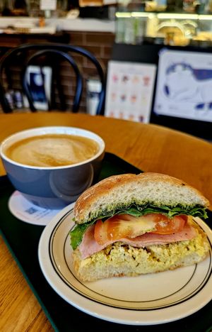 half sandwich and oat latte at Salon de Vegan in Seoul