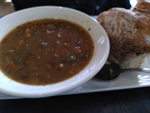 Highland vegetable soup and roll (March 2024) at Crook Hall and Gardens in Durham