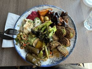 Selection of vegan food from the buffet.  at Hummus House  in Helsinki