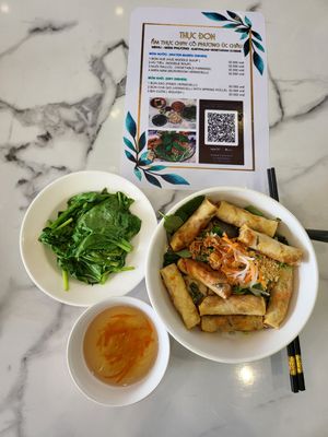 Vermicelli with spring rolls and lemon tea cup... at Cô Phương Úc Châu in Ho Chi Minh City