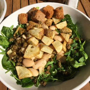 Potato samad with garlic and basil sauce at The Gallery Cafe in East London