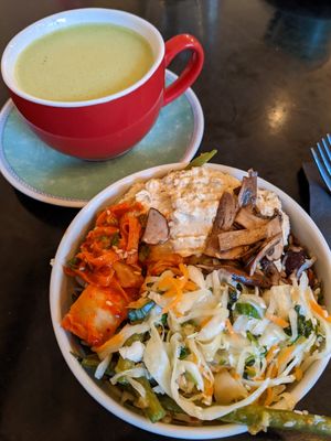 Salad bowl and a matcha latte at The Gallery Cafe in East London