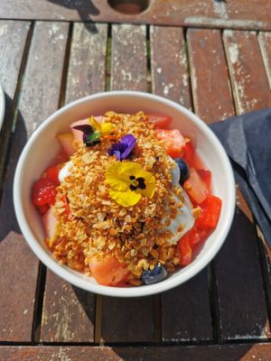 Fruit salad which looks amazing and tasted really good but I left hungry. at The Gallery Cafe in East London