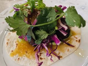 5th course - fried sweet potato taco   at Mabel Gray in Hazel Park
