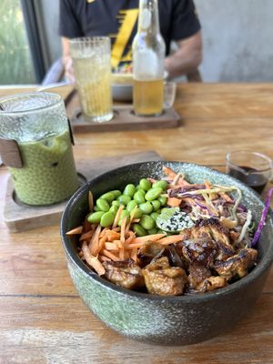 Vegan tofu poke bowl and iced matcha   at Slice And Brew in Tulamben