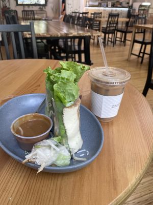 Vegan summer rolls and iced latte  at CrackleMi in Seattle