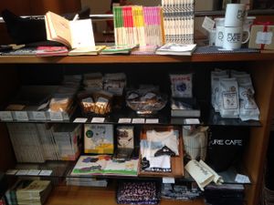 Books and merchandise at Pure Cafe in Tokyo