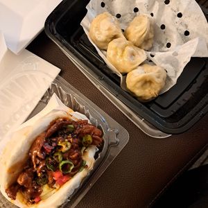 Vegan beef bun and some of the vegan steamed buns at Mason's Dumpling Shop in Boulder
