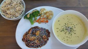 Grilled 'chicken' teriyaki with veggies, 5 grain rice and corn chowder. Delicious!  at VegiOasis in Huntington Beach