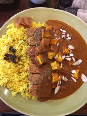 Gf tempeh with tofu curry at VegiOasis in Huntington Beach