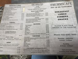 The menu at Mumms Cafe in Portsmouth