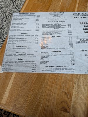 Menu at Mumms Cafe in Portsmouth