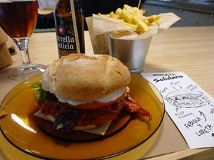 Bocata Solidario with truffled fries. at Ruca Bocata in A Coruna