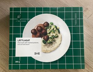 Plant balls with mashed potatos, broccoli, and sauce  at IKEA in Copenhagen