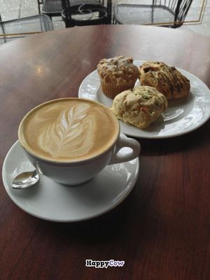 Almond latte and assortment of scones. at Timeless Coffee Roasters and Bakery in Oakland